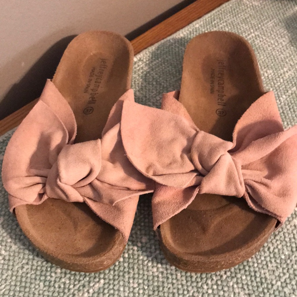 Jeffery Campbell Pink Suede Bow Tie Slides.